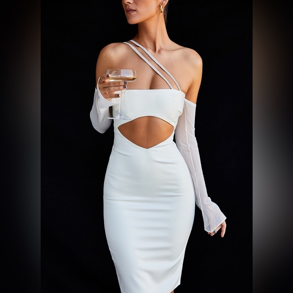 House of CB Loulou Ivory Satin Cutout Midi Dress White Embellished